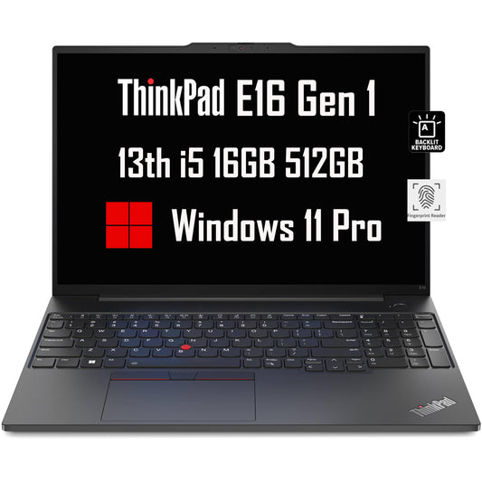 Lenovo ThinkPad E16 Business Laptop (16" FHD+ Display, Intel 13th Gen i5-1335U, 16GB RAM, 512GB SSD), Backlit Keyboard, Fingerprint Reader, FHD Webcam, Ethernet, Wi-Fi 6, Win 11 Pro, Black, 2024